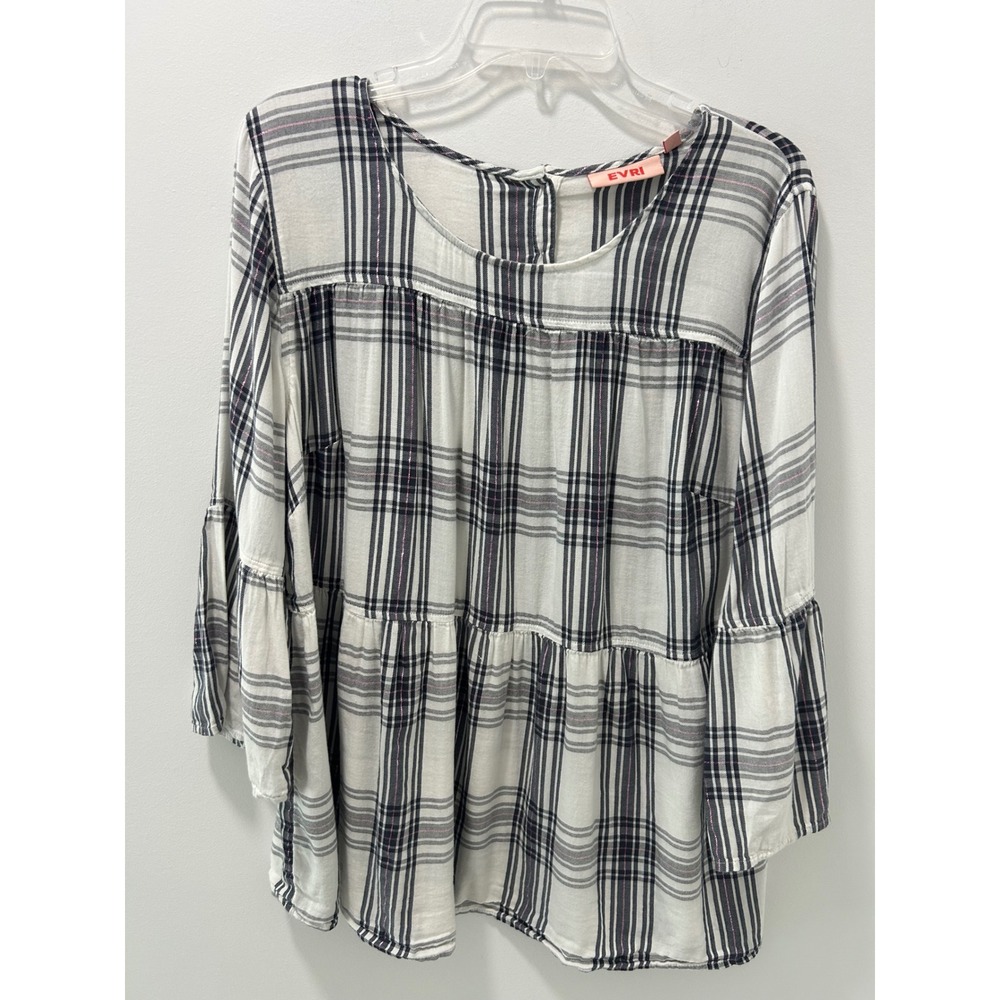EVRI Womens 1X Plaid Tiered Babydoll Tunic Top Navy White Pink Metallic Lurex